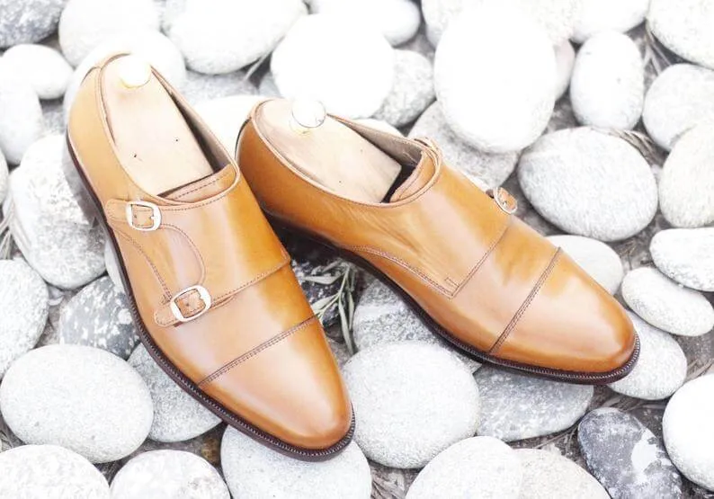 Stylish Handmade Men's Leather Tan Color Double Monk Strap Shoes, Men Dress Formal Cap Toe Shoes