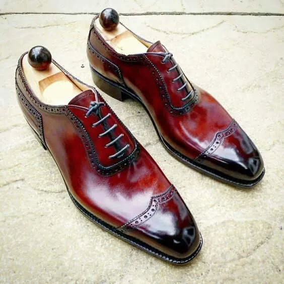 Stylish Men Oxford Maroon Burnished Toe Wing Tip Premium Leather Lace Up Shoes