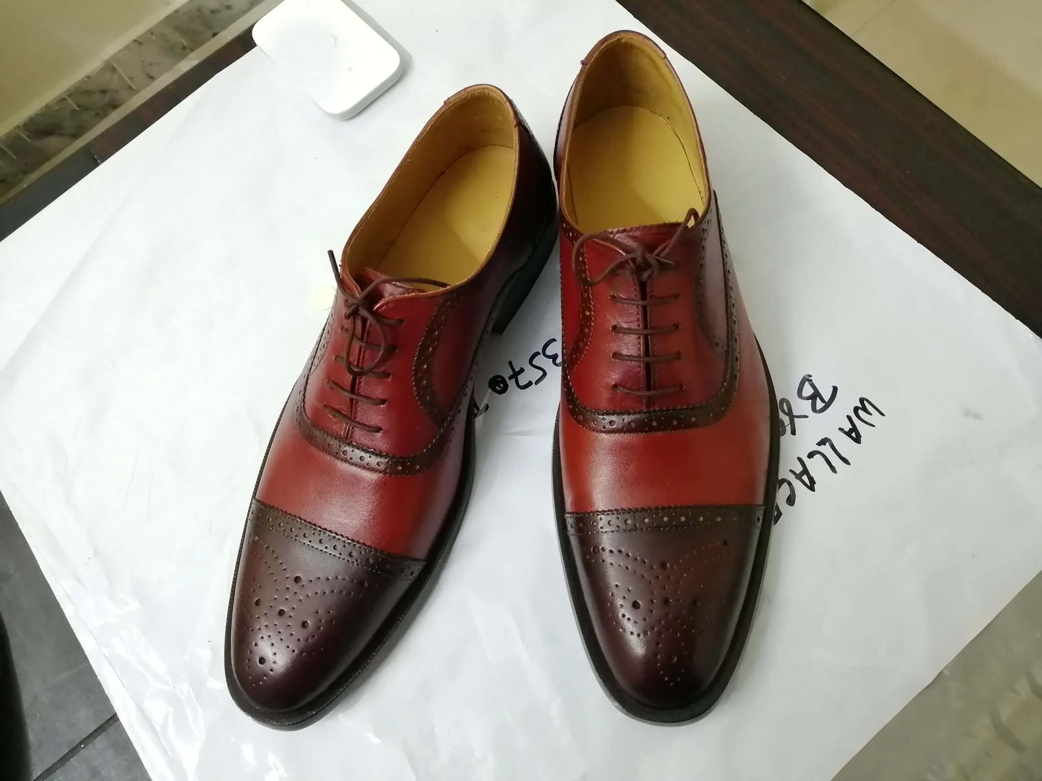 Stylish Men's Handmade Brown & Burgundy Cap Toe Brogue Dress Shoes