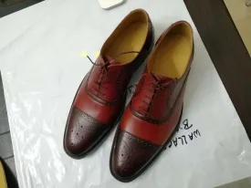 Stylish Men's Handmade Brown & Burgundy Cap Toe Brogue Dress Shoes