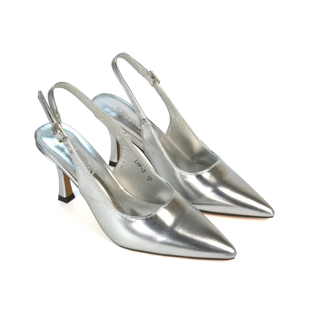 Valerie Stiletto High Heel Closed Toe Slingback Court Shoes in Silver Metallic