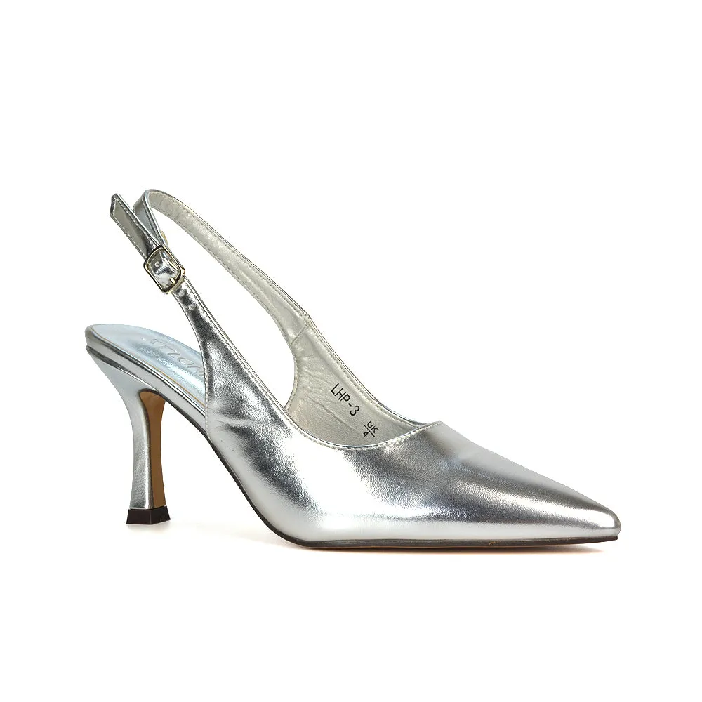 Valerie Stiletto High Heel Closed Toe Slingback Court Shoes in Silver Metallic