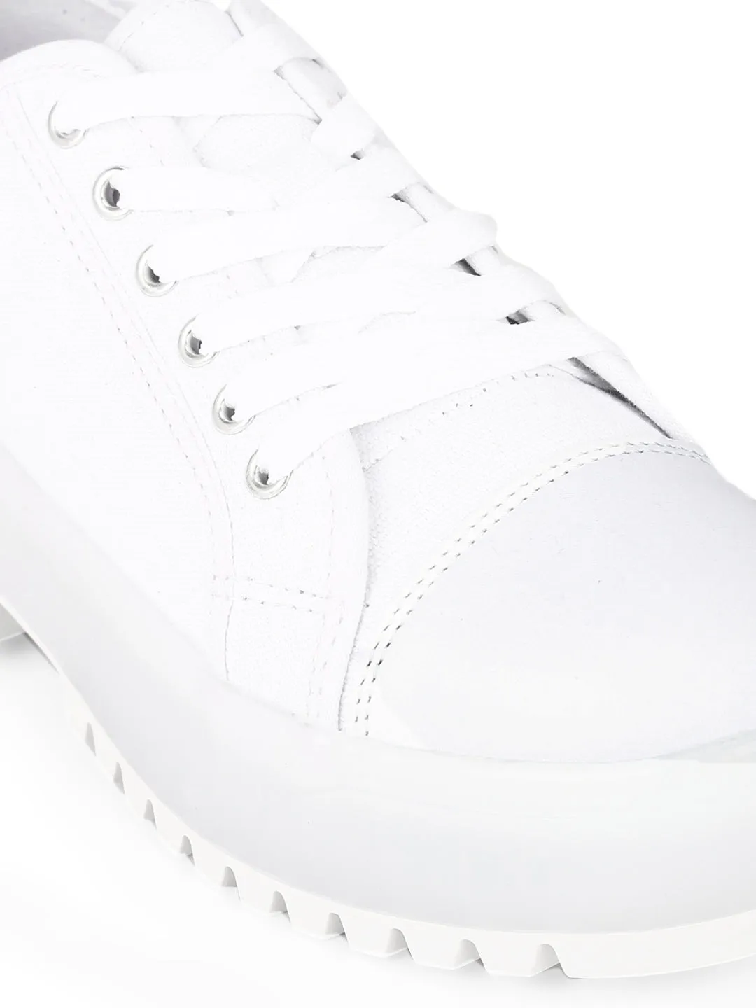 White Canvas Lace Up Low Heel Shoes