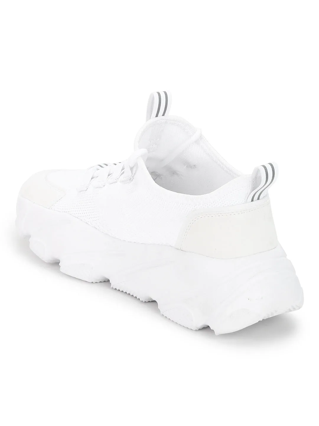 White Knitted Cleated Bottom Lace-Up Chunky Sneakers