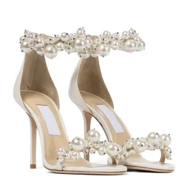 White Pearl Sandals Women Fashion High Heels Stiletto Wedding Shoes