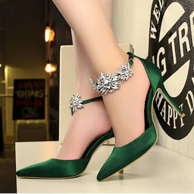 Women ankle rhinestone flowers buckle strap pointed toe stiletto heels