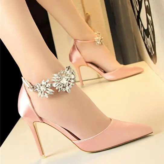 Women ankle rhinestone flowers buckle strap pointed toe stiletto heels