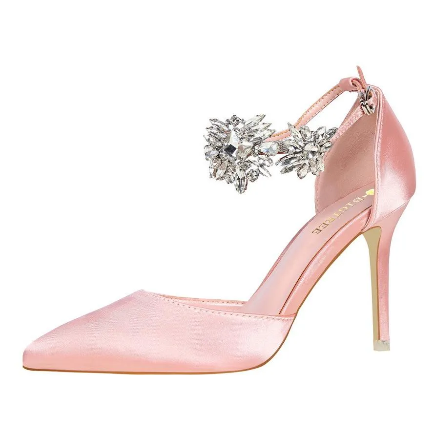 Women ankle rhinestone flowers buckle strap pointed toe stiletto heels