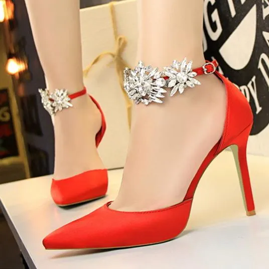 Women ankle rhinestone flowers buckle strap pointed toe stiletto heels