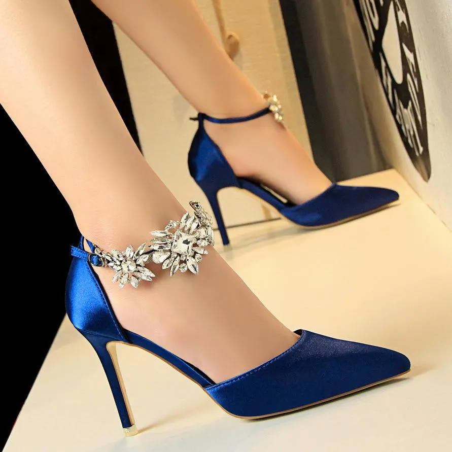 Women ankle rhinestone flowers buckle strap pointed toe stiletto heels