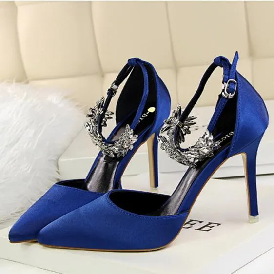 Women ankle rhinestone flowers buckle strap pointed toe stiletto heels