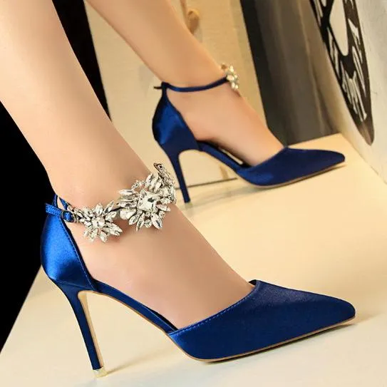 Women ankle rhinestone flowers buckle strap pointed toe stiletto heels