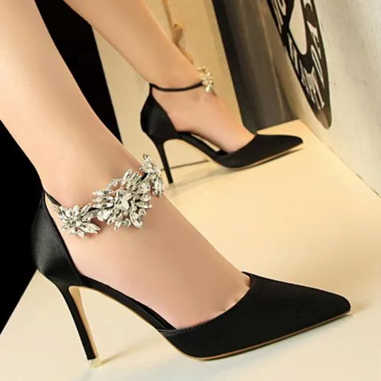 Women ankle rhinestone flowers buckle strap pointed toe stiletto heels