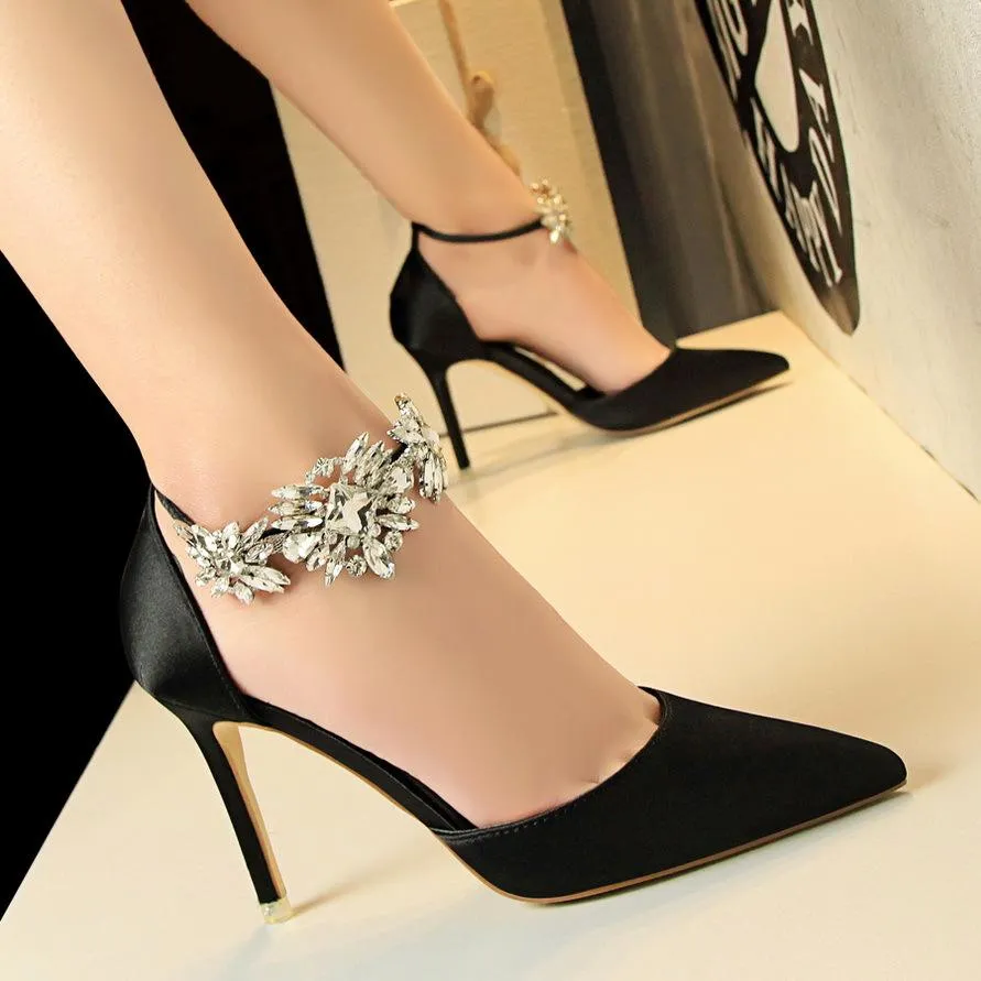 Women ankle rhinestone flowers buckle strap pointed toe stiletto heels