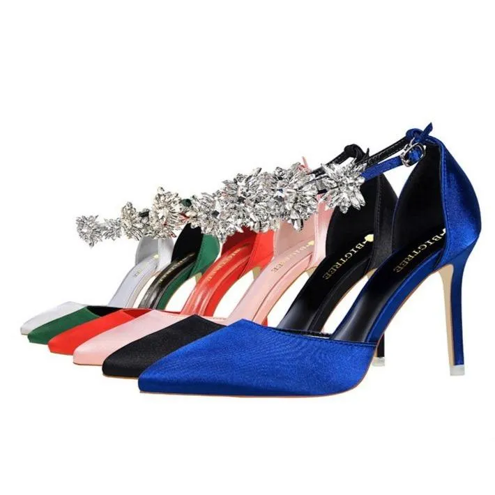 Women ankle rhinestone flowers buckle strap pointed toe stiletto heels