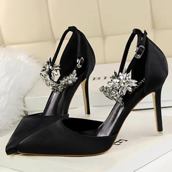 Women ankle rhinestone flowers buckle strap pointed toe stiletto heels