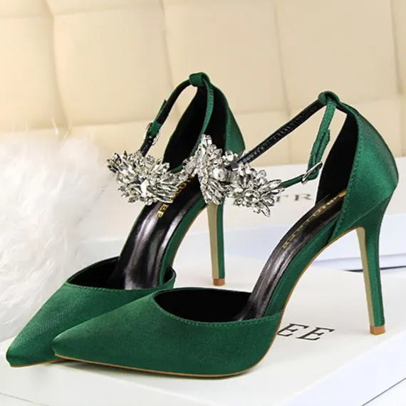 Women ankle rhinestone flowers buckle strap pointed toe stiletto heels