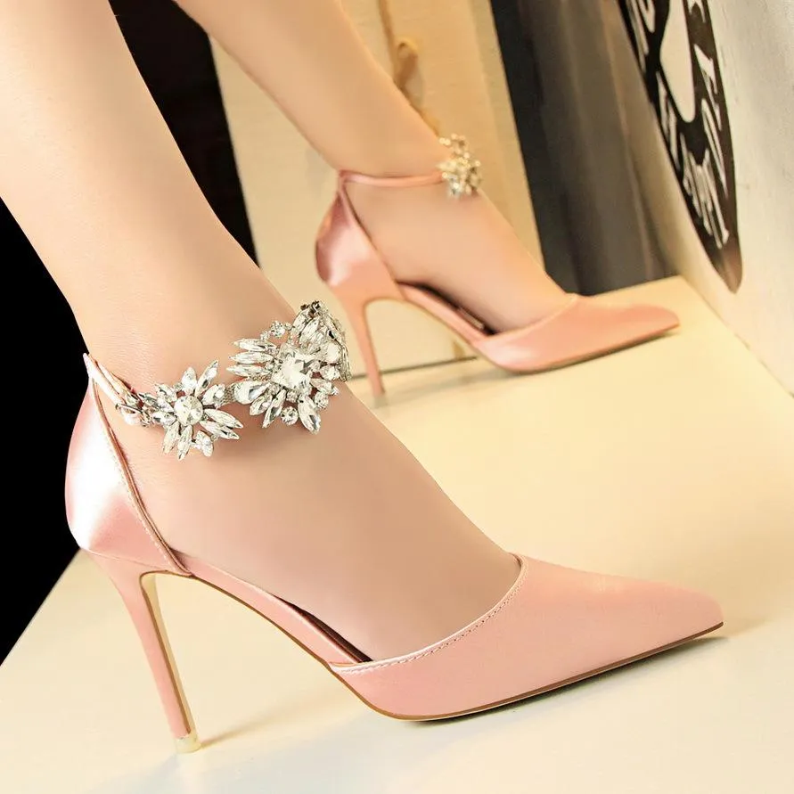 Women ankle rhinestone flowers buckle strap pointed toe stiletto heels