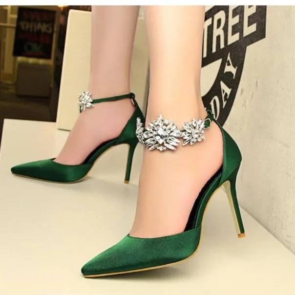 Women ankle rhinestone flowers buckle strap pointed toe stiletto heels