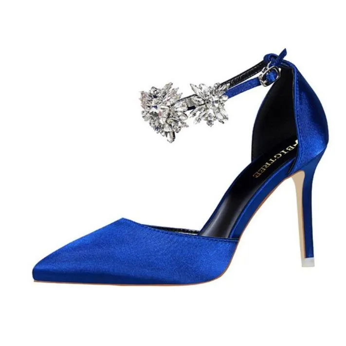 Women ankle rhinestone flowers buckle strap pointed toe stiletto heels