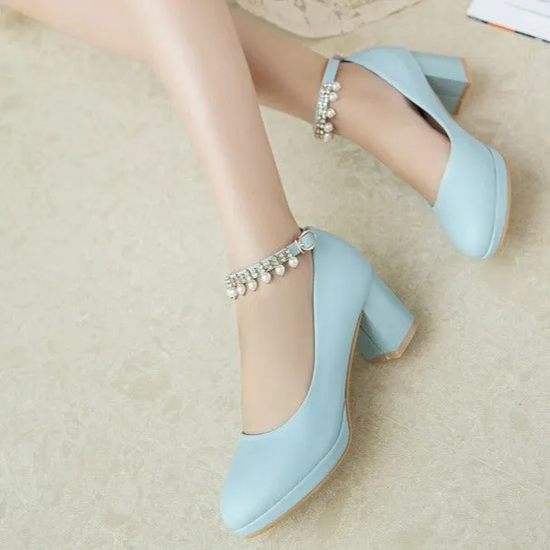 Women ankle ring rhinestone buckle strap closed toe chunky heels