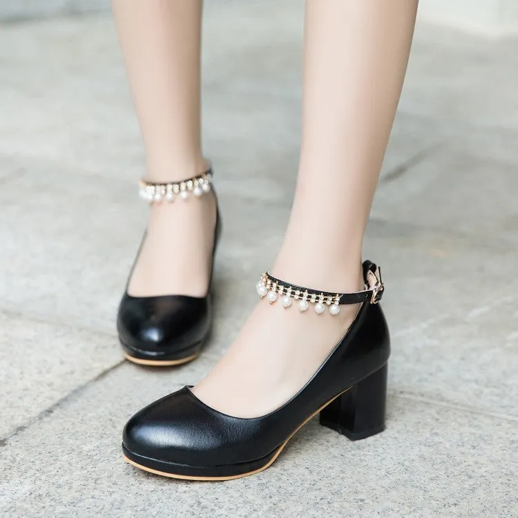 Women ankle ring rhinestone buckle strap closed toe chunky heels