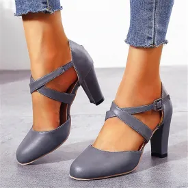 Women closed toe crisscross buckle strap chunky heels