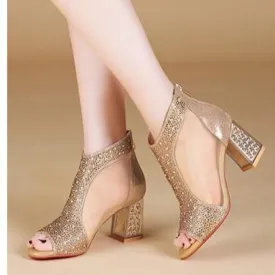 Women glitter peep toe side cut back zipper chunky heels