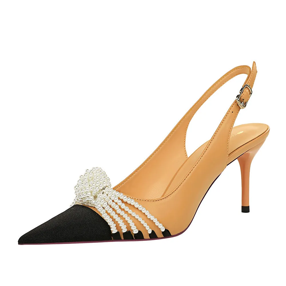 Women rhinestone bowknot color block closed toe slingback stiletto heels