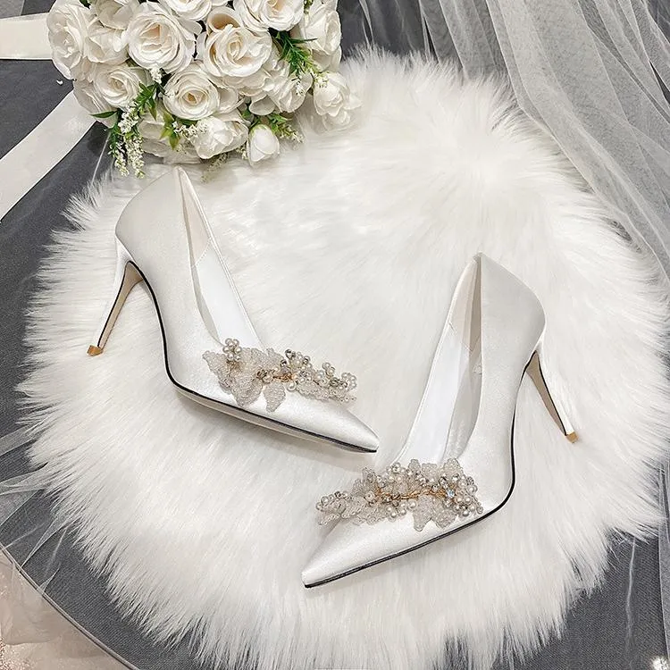 Women rhinestone flower pointed toe stiletto wedding heels