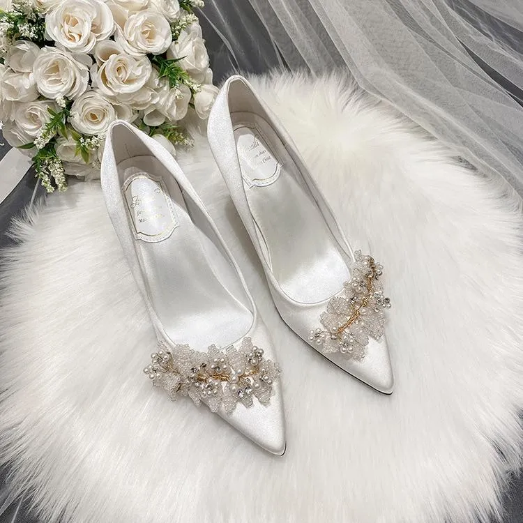 Women rhinestone flower pointed toe stiletto wedding heels