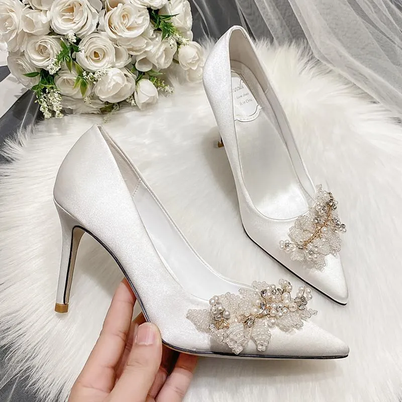 Women rhinestone flower pointed toe stiletto wedding heels