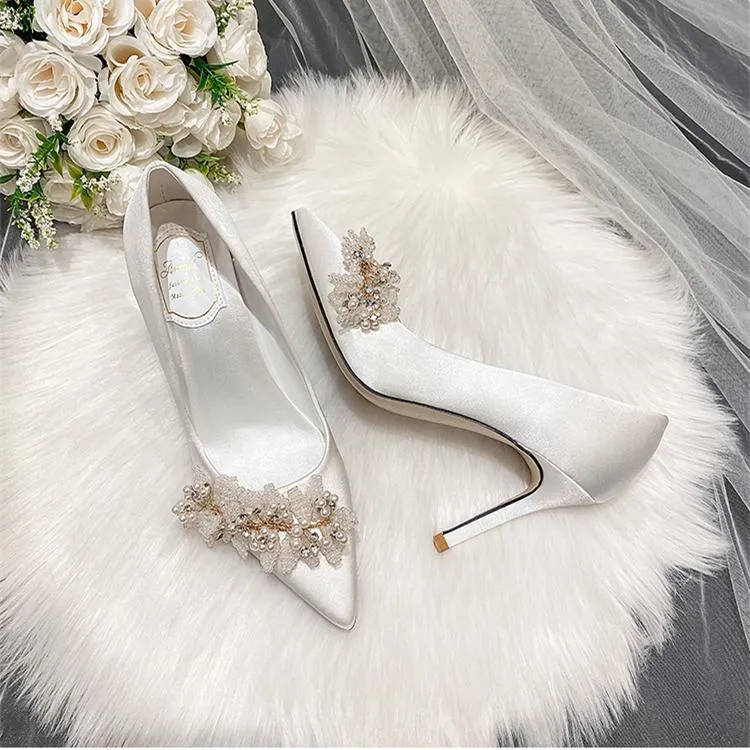 Women rhinestone flower pointed toe stiletto wedding heels