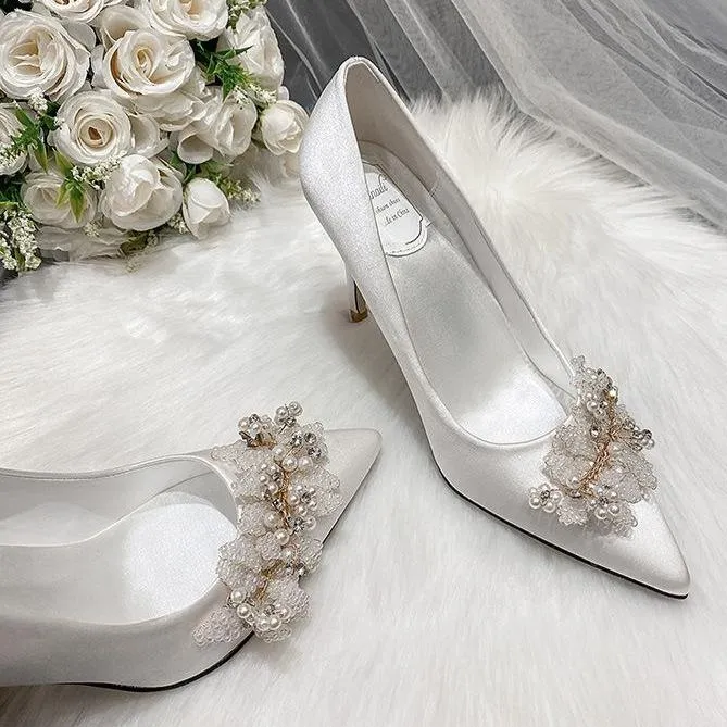 Women rhinestone flower pointed toe stiletto wedding heels