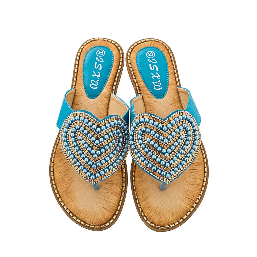 Women rhinestone heart strap holiday travel beach flip flops