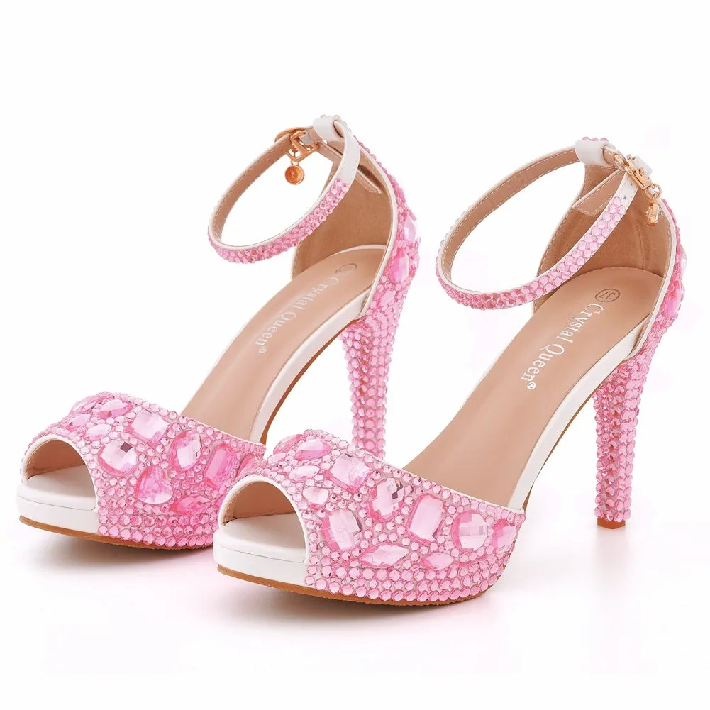 Women rhinestone peep toe wedding prom buckle strap stiletto high heels