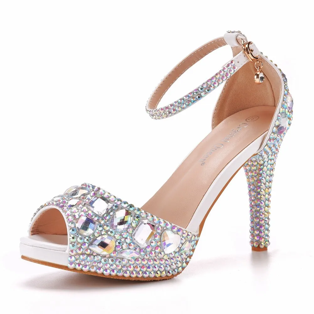 Women rhinestone peep toe wedding prom buckle strap stiletto high heels