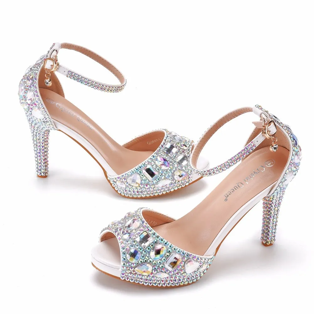 Women rhinestone peep toe wedding prom buckle strap stiletto high heels