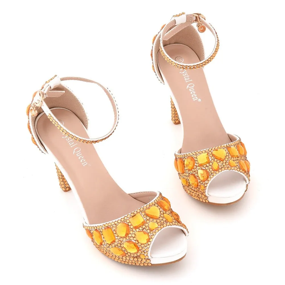 Women rhinestone peep toe wedding prom buckle strap stiletto high heels