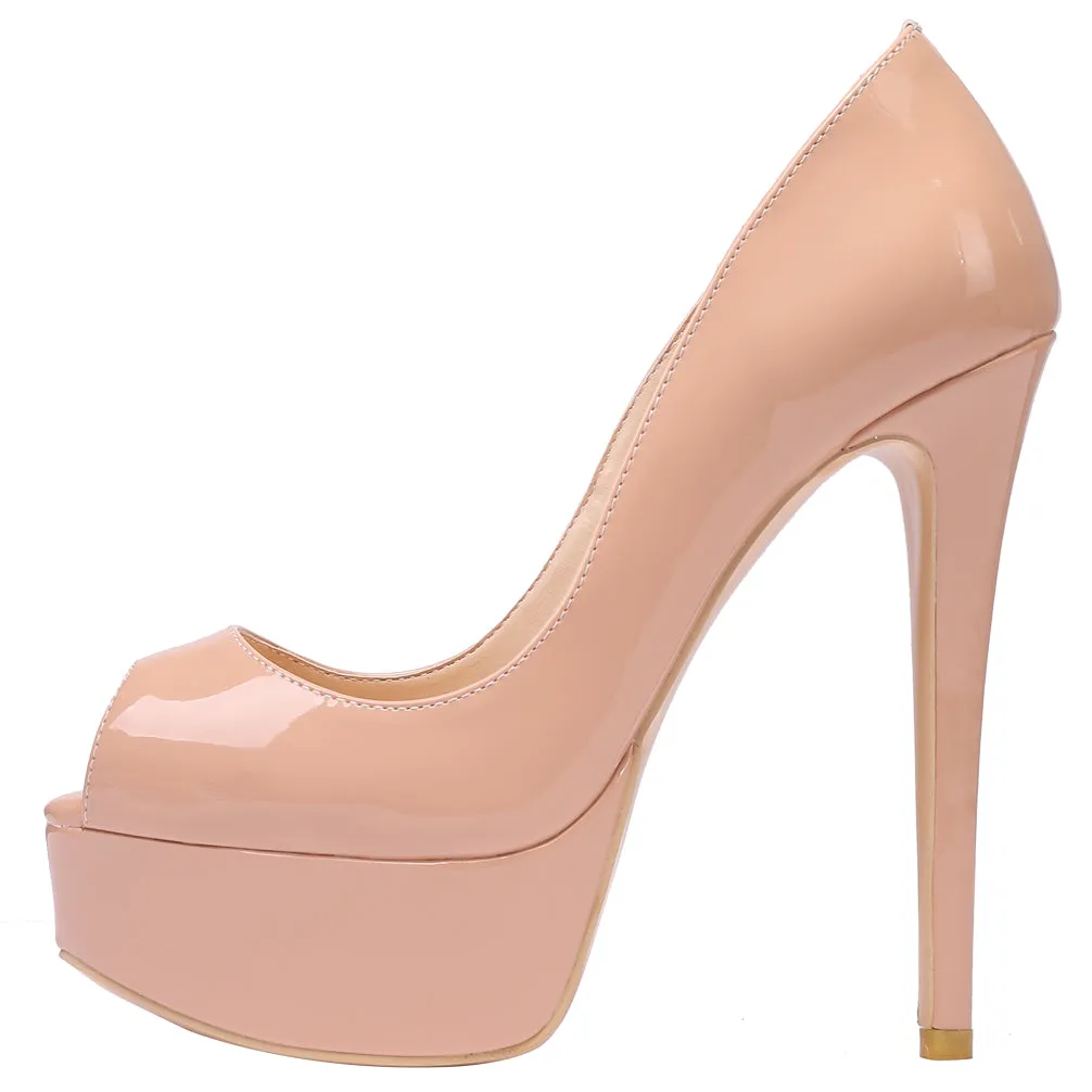 Women Sexy Nude Patent Pumps 14cm Peep-toe Party High Heels with platform