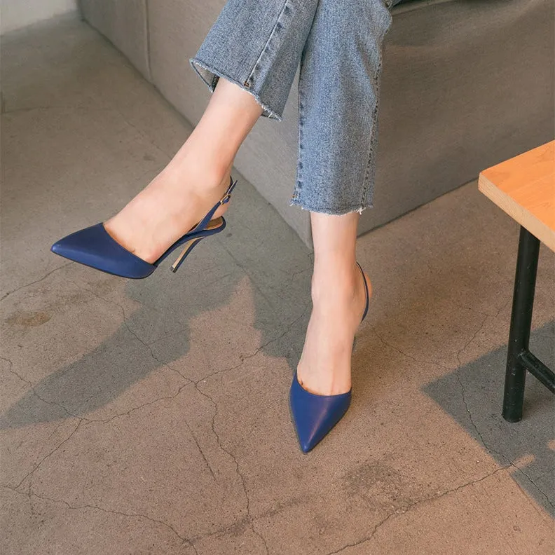 Women solid color buckle strap slingback pointed toe stiletto heels