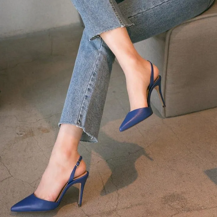 Women solid color buckle strap slingback pointed toe stiletto heels