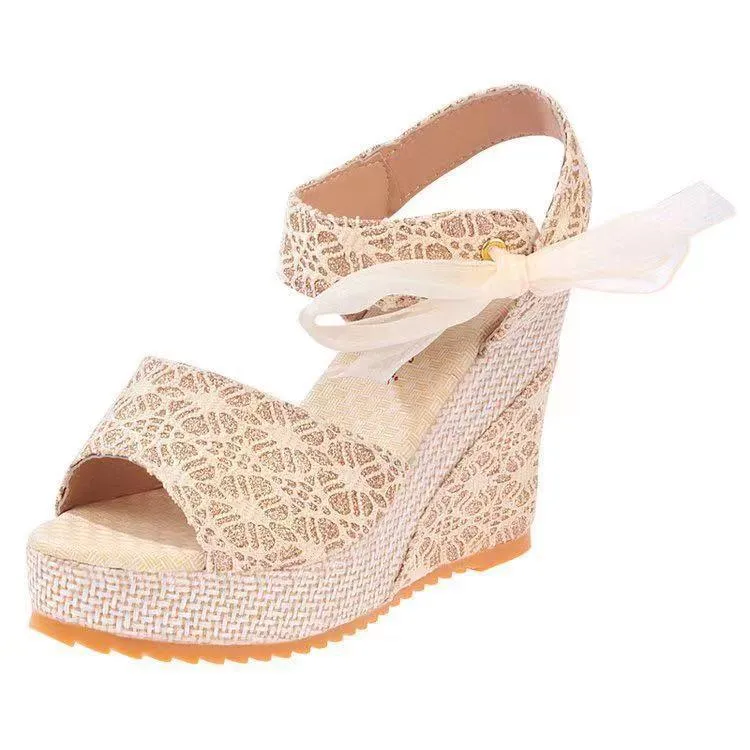 Women summer fashion flowers lace bowknot peep toe wedge sandals