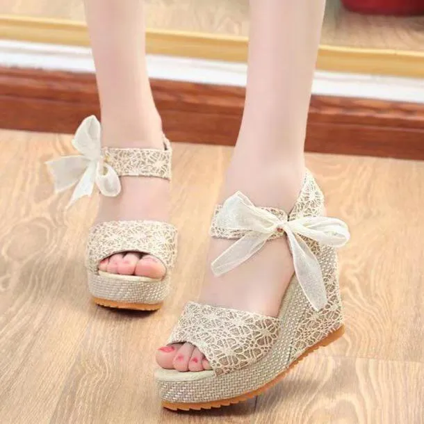 Women summer fashion flowers lace bowknot peep toe wedge sandals