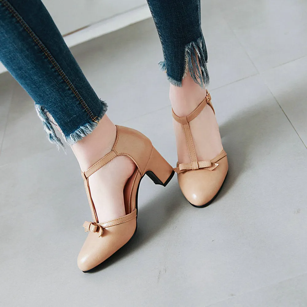 Women t strap bowknot closed toe buckle side cut chunky heels