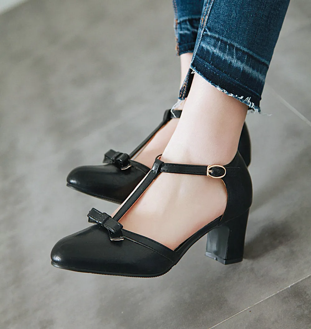 Women t strap bowknot closed toe buckle side cut chunky heels