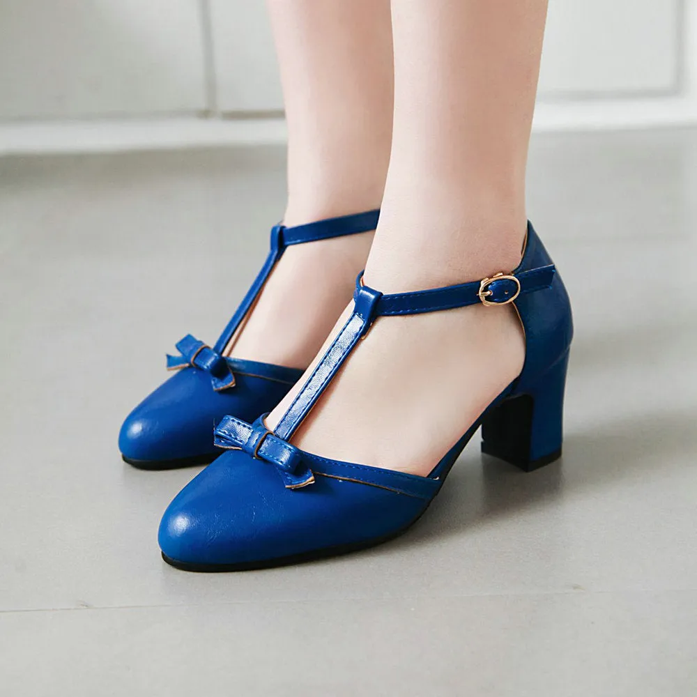 Women t strap bowknot closed toe buckle side cut chunky heels