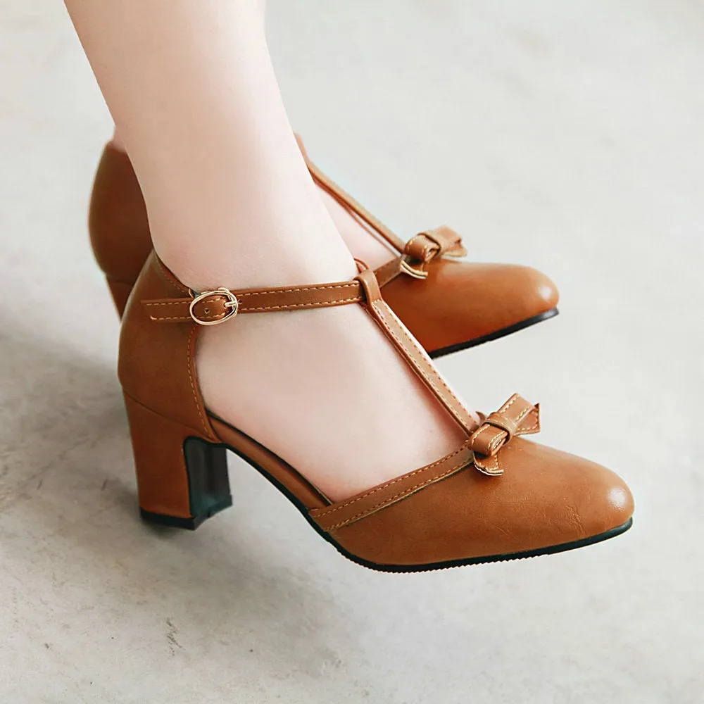 Women t strap bowknot closed toe buckle side cut chunky heels