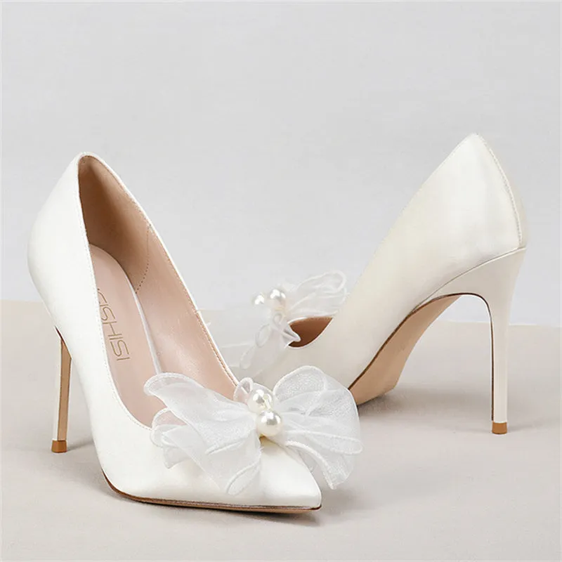 Women white rhinestone silk bowknot pointed toe stiletto high wedding heels