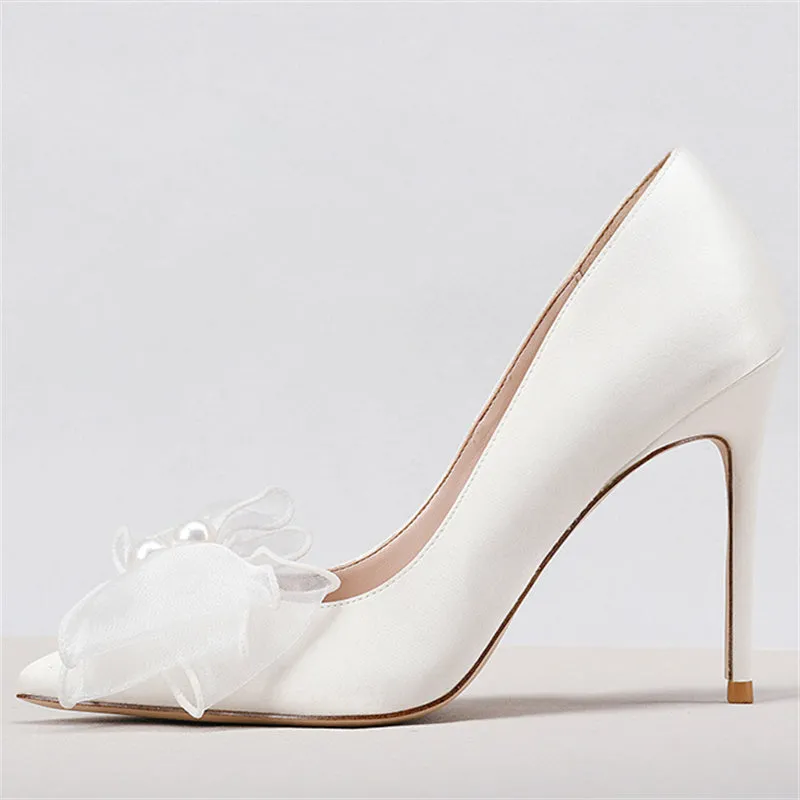 Women white rhinestone silk bowknot pointed toe stiletto high wedding heels